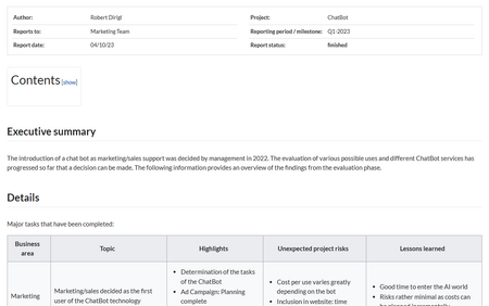 Screenshot of a status report