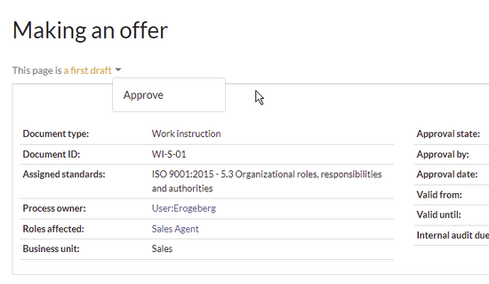 Screenshot of the page approval link