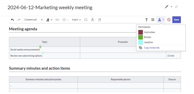 page in collaborative editing mode showing a weekly marketing meeting page