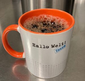 Hallo Welt! coffee cup with coffee